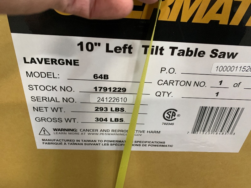 Photo 1 of Powermatic 10-Inch Table Saw, 50-Inch Rip, 1-3/4 HP, 115/230V 1Ph (Model 64B)