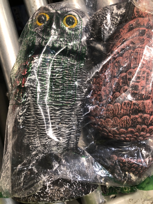 Photo 1 of (leaks water) Hedoc 2 Pack Fake Owl Decoys to Scare Birds Away from Gardens and Patios, Rotating Head Owl Bird Deterrents