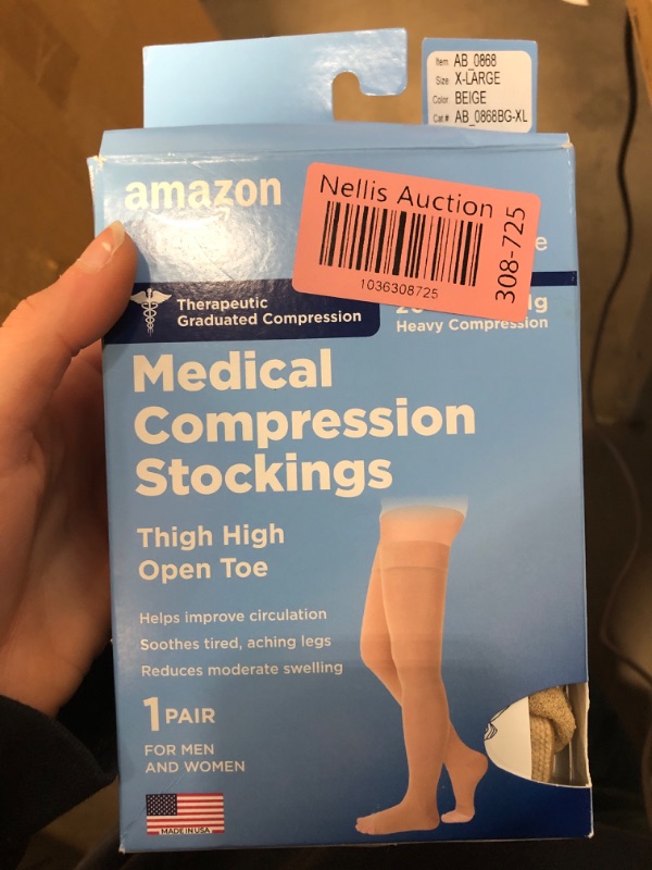 Photo 1 of Amazon Basic Care Medical Compression Stockings, 20-30 mmHg Support, Women & Men Thigh Length Hose, Open Toe, Beige, X-Large (Previously NuVein)