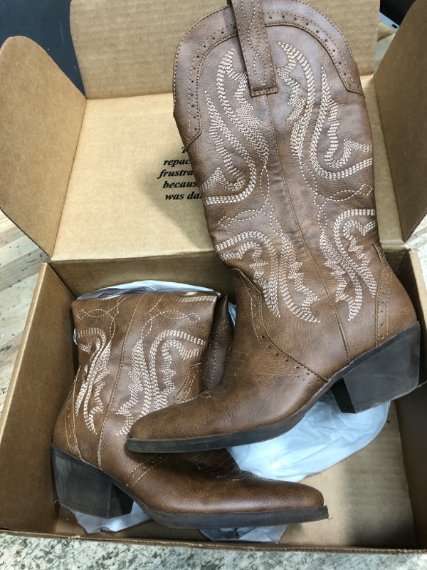 Photo 1 of Cowboy Boots for Women Cowgirl Mid Calf Western Boots Embroidered Stitched Pointed Toe Chunky Block Heel Brown Red Black US5-11, brown, 5