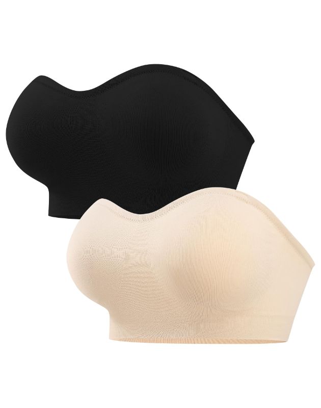 Photo 1 of ANGOOL Strapless Bras for Women Wirefree Non-Slip Tube Top Invisible Bralette Seamless Padded Bandeau Bra, Black+Beige, L