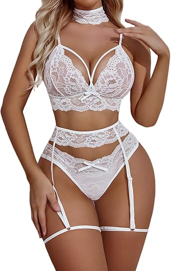 Photo 1 of Avidlove Lingerie for Women Lace Corset and Panty Outfits Garter Lingerie Set White Medium