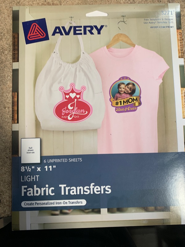 Photo 1 of Avery Printable Heat Transfer Paper for Light Fabrics, 8.5" x 11", Inkjet Printer, 6 Iron On Transfers (3271)