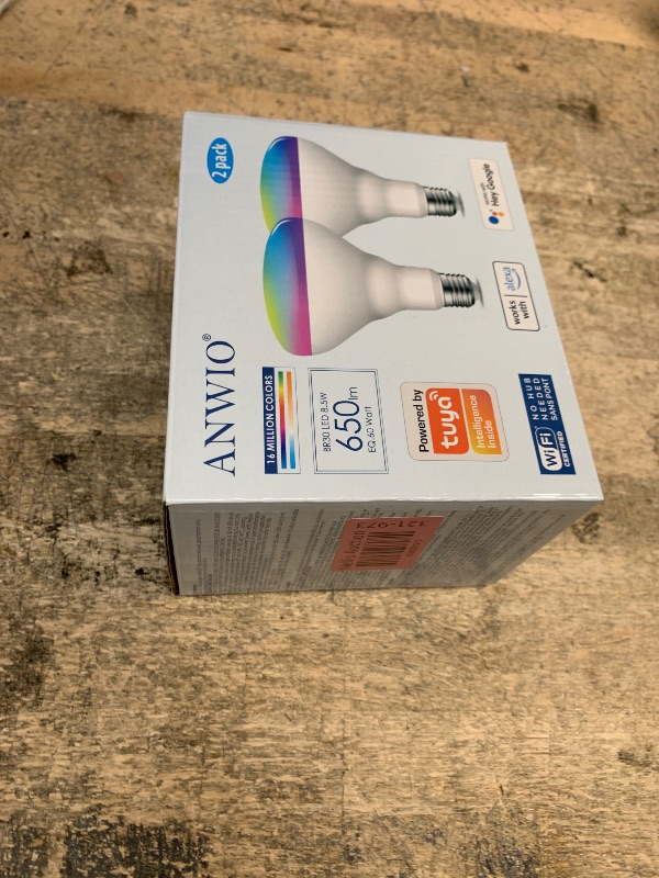 Photo 1 of ANWIO Smart Light Bulb BR30 RGB Color Changing LED WiFi Dimmable Multicolor Light Bulbs E26 Base, Compatible with Alexa, Google Assistant, No Hub Required, 650 Lumen 8.5W (60W Equivalent) 2 Pack