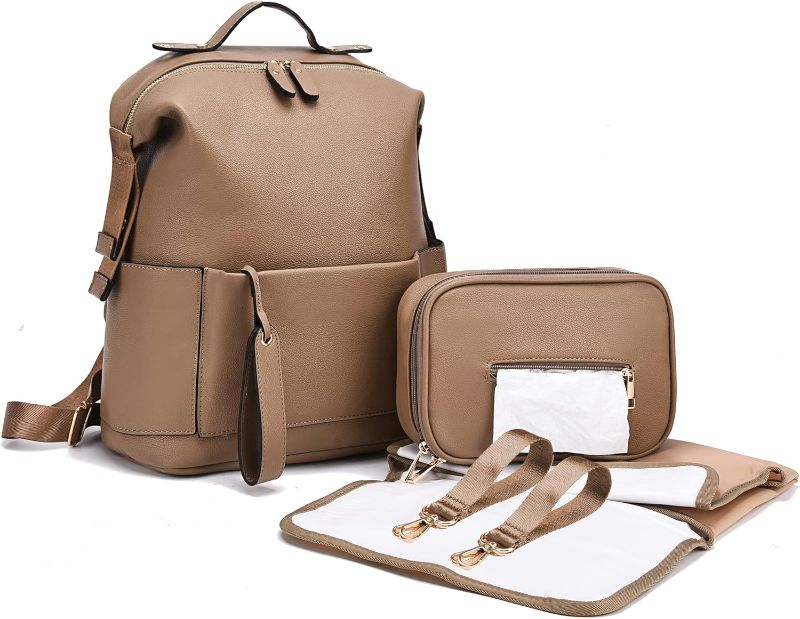 Photo 1 of ARDIKAMA Diaper Bag Backpack Leather Backpack for Women Travel Dad Mother Outdoor Backpack with Changing Pad Stroller Straps(2 pieces) Khaki