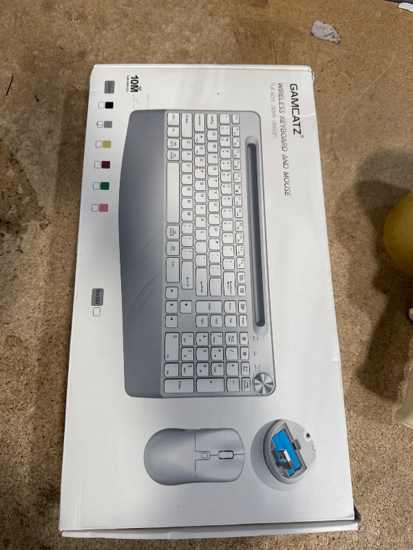 Photo 1 of GAMCATZ Ergonomic Wireless Keyboard and Mouse with Wrist Rest?Phone Holder - 2.4GHz Full-Sized Low-Profile Quiet Wireless Mouse and Keyboard Combo for Computer, Laptop, PC, Mac-White