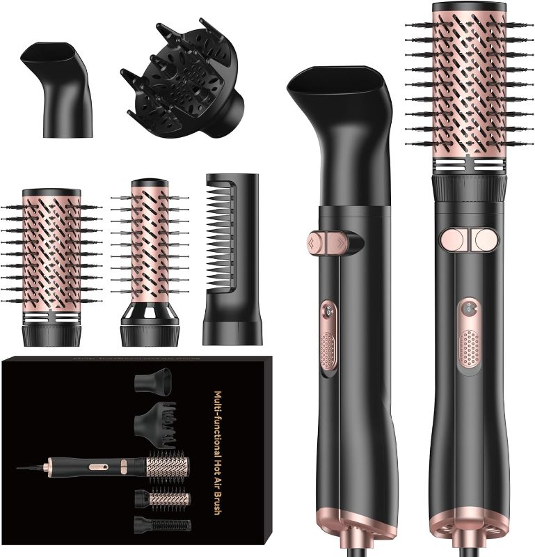 Photo 1 of 5 in 1 Blow Dryer Brush Thermal Round Brush Set with Auto Rotating 360° Fast Drying Multi-Temperature Settings Detachable Design Heated Hot Air Brush for Straightening Curling Volumizing & Drying Hair
