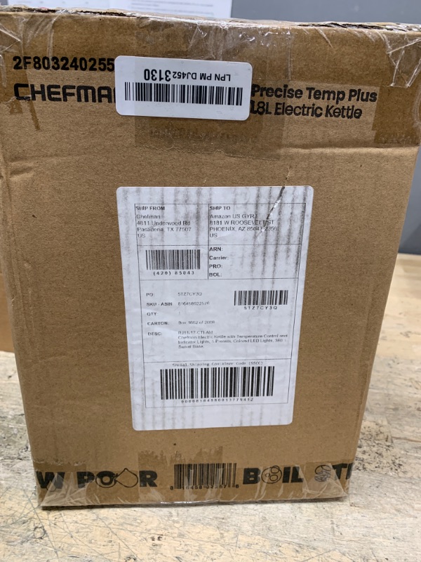 Photo 1 of Chefman Electric Kettle with Temperature Control, 5 Presets LED Indicator Lights, Removable Tea Infuser, Glass Tea Kettle & Hot Water Boiler, 360° Swivel Base, BPA Free, Stainless Steel, 1.8 Liters