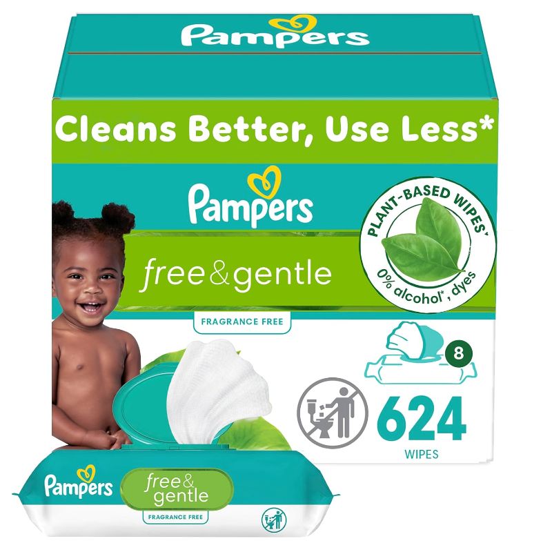 Photo 1 of 
Pampers Baby Wipes, Free & Gentle, Hypoallergenic and Unscented Wipe, 100% Plant Based, Plastic-Free for Babies, 624 Total (8 Flip-Top Packs)