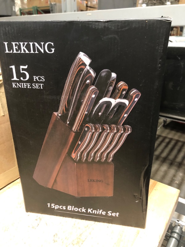Photo 1 of Leking 15-Piece Block Knife Set with Wooden Block, Premium High Carbon Stainless Steel Chef Knife Set with Pakka Wooden Handle, Kitchen Knife Sets with Sharpener, Knives Set, Scissor, 6 Steak Knives