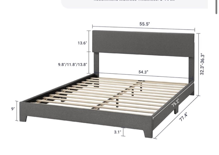 Photo 1 of 157.5 54 12.5cm Bed Frame with Adjustable Headboard, Upholstered Platform Bed with Wood Slats, Heavy Duty Mattress Foundation, No Box Spring Needed, Noise-Free, Easy Assembly, Dark Grey