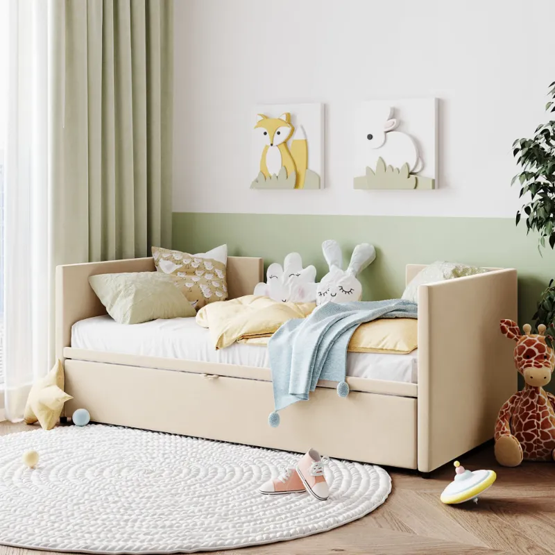 Photo 1 of Twin Size Upholstered Daybed With Pop Up Trundle, Beige Twin Beige Upholstered