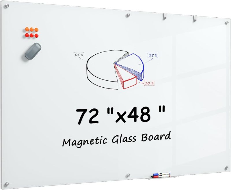 Photo 1 of  Glass Whiteboard 72" x 48", Extra Large Magnetic Glass Dry Erase Board for Wall, Big Frameless White Board with 1 Eraser, 3 Markers & 6 Magnets for Office,