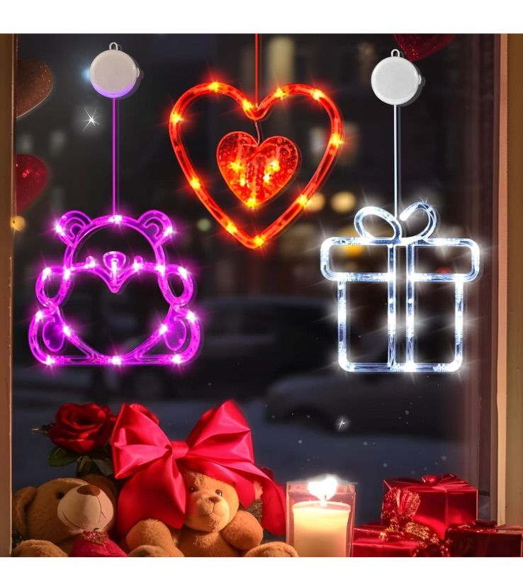 Photo 1 of  Valentines Day Lights, 3 Pack Red Heart Pink Bear White Gift Box with Suction Cup, Battery Operated Indoor Romantic Hanging Window Decorations, 2024 Upgrade Slow Fade Mode and Timer Function