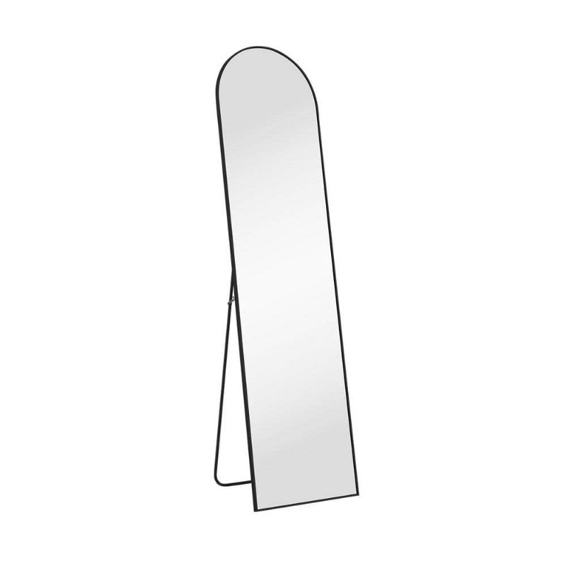 Photo 1 of 16 in. W X 59 in. H Aluminum Alloy Frame Black Arched Floor Mirror with Floor Stand and Wall Mounted Hooks