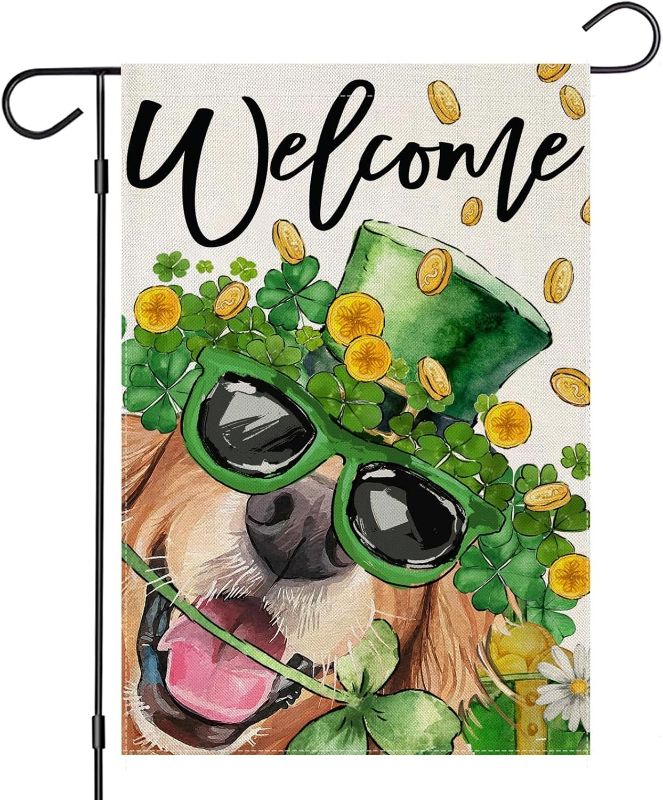 Photo 1 of  St Patricks Day Dog Garden Flags for Outside, Golden Retriever with Hat Lucky Shamrock Small Seasonal Decoration for Holiday Irish Anniversary Yard Outdoor Decor 12x18 Inch Double Sided