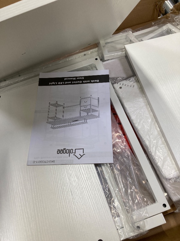 Photo 1 of Furologee 48'' Desk with LED Light & Power Outlets, Reversible Computer Table with File Cabinet & Drawer, White Gaming Desk Writing Table with Dual Monitor Stand, for Home/Office/White