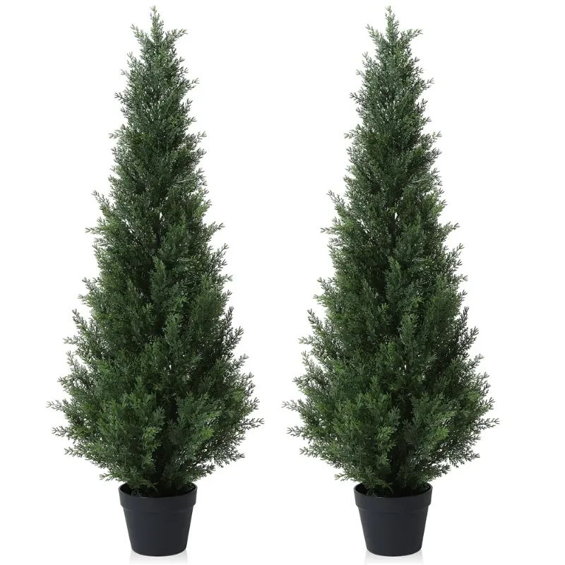 Photo 1 of Artificial Cedar Tree 2 Pack 4 ft Outdoor Artificial Topiary Cedar Plants Fake Tree UV Rated Potted Tree for Perfect Housewarming Gift, Set of 2
