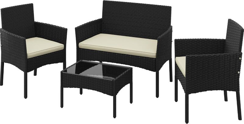 Photo 1 of ****BOX 1 OF 2/ MISSING CUSHIONS****Yaheetech Patio Furniture Set 4 Pieces Conversation Sets, Rattan Chair Wicker Set Loveseat with Soft Cushion and Glass Table for Backyard Porch Garden Poolside Balcony, Black and Beige