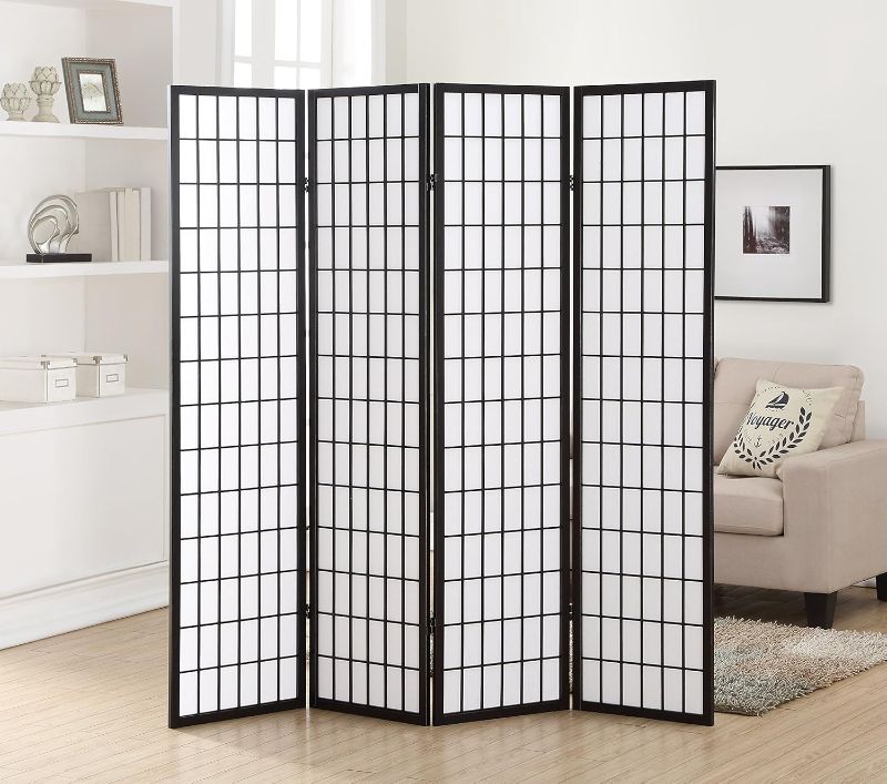 Photo 1 of ==damage small====Roundhill Furniture Oriental Shoji 4 Panel Screen Room Divider, Black