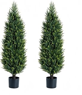 Photo 1 of Artificial Cedar Tree 2 Pack 4 ft Outdoor Artificial Topiary Cedar Plants Fake Tree UV Rated Potted Tree for Perfect Housewarming Gift, Set of 2