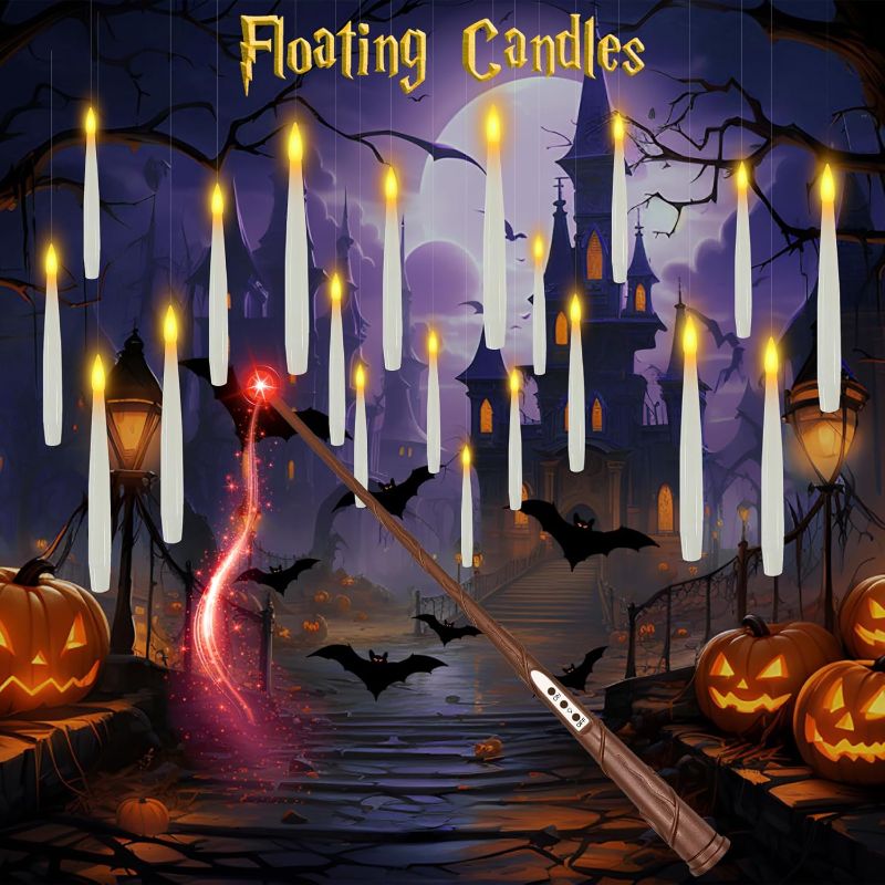 Photo 1 of 20 Pcs Floating Candles with Wand, Room Decor, Flameless Candles, Candelabra LED Candle with Wand Control, Magic Hanging Decorations for Birthday, Party, Halloween Decorations