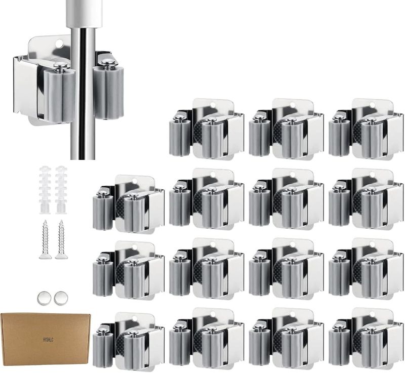 Photo 1 of Broom Holder Wall Mount 15 Pack Mop Clamp Clip Hanger Stainless Steel Organizer Gripper Mounted Utility Rack with Installation Screws Self Adhesive for...
