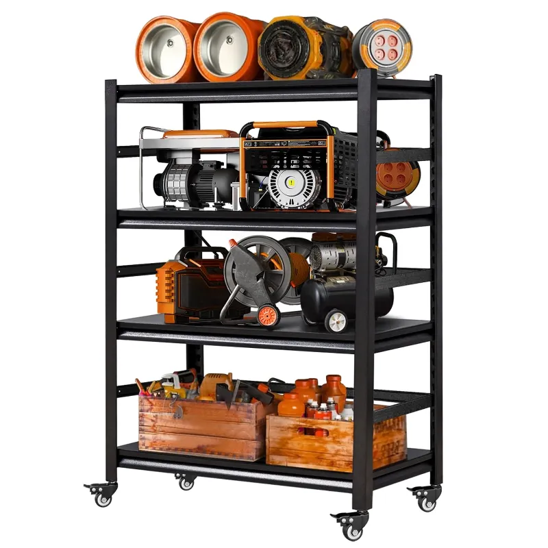 Photo 1 of COOKCOK 4-Tier Storage Shelving Unit, Metal Shelf with Wheels, 39.4"x15.8"x 50", Adjustable Garage Storage Shelf, Load Up to 1600LBS, Kitchen Shelf with Protective Side
