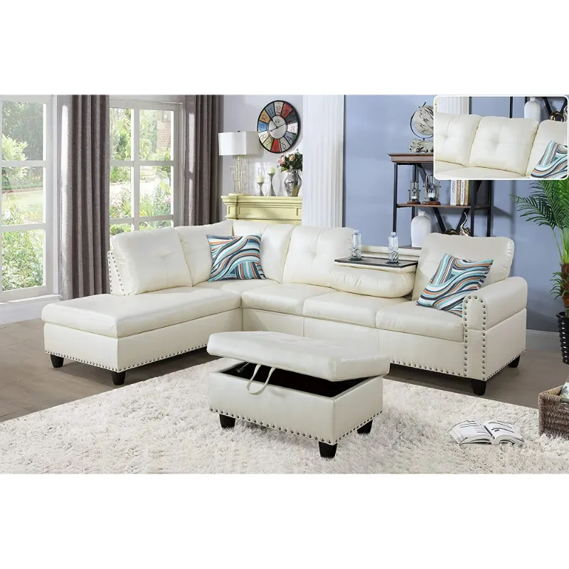 Photo 1 of *Missing Parts *  Sectional Sofa, 3 Piece Living Room Faux Leather Couch with Storage Ottoman, Cup Holder, Left Facing Chaise, Off White