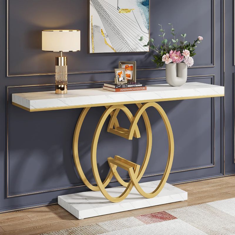 Photo 1 of ****MISSING BRACKETS****Tribesigns 55 Inch Console Table for Hallway, Faux Marble Gold Entryway Table with Geometric Metal Base, Modern Narrow Sofa Accent Table for Entrance, Living Room, Foyer (White & Gold)
