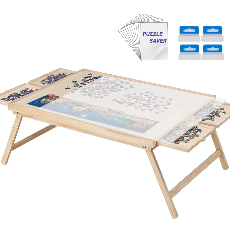 Photo 1 of 1500 Pcs Wooden Folding Puzzle Table with Legs, 34" x 26" Jigsaw Wooden Puzzle Board with 4 Sliding Drawers and Puzzle Cover Jigsaw Puzzle Table for Adults Birthday Gift for Family
