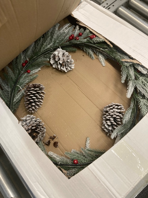 Photo 2 of 28in Artificial Christmas Wreath, Frosty Christmas wreath with Crestwood Spruce, Decorated with Pine Cones, Berry Clusters, Frosted Branches, Christmas Collection Green
