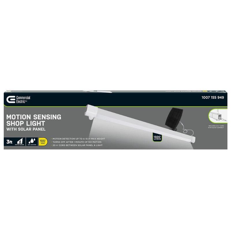 Photo 1 of 3 Ft. 100-Watt Equivalent 4000K Bright White 1500 Lumens White Integrated LED Solar Portable Motion Sensor Shop Light