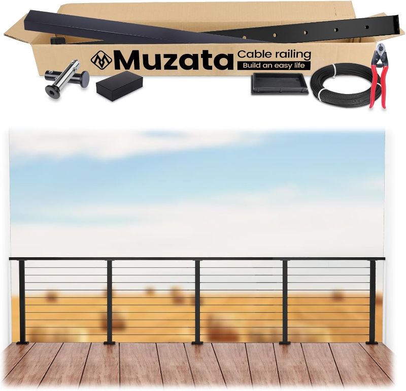 Photo 1 of 1 PACK Muzata 6'6"-13' Complete Set Cable Railing System 36" Black Stainless Steel Cable Railing Post with Handrail Super Easy Length Adjustable for Level Section RCS2 BH4S
