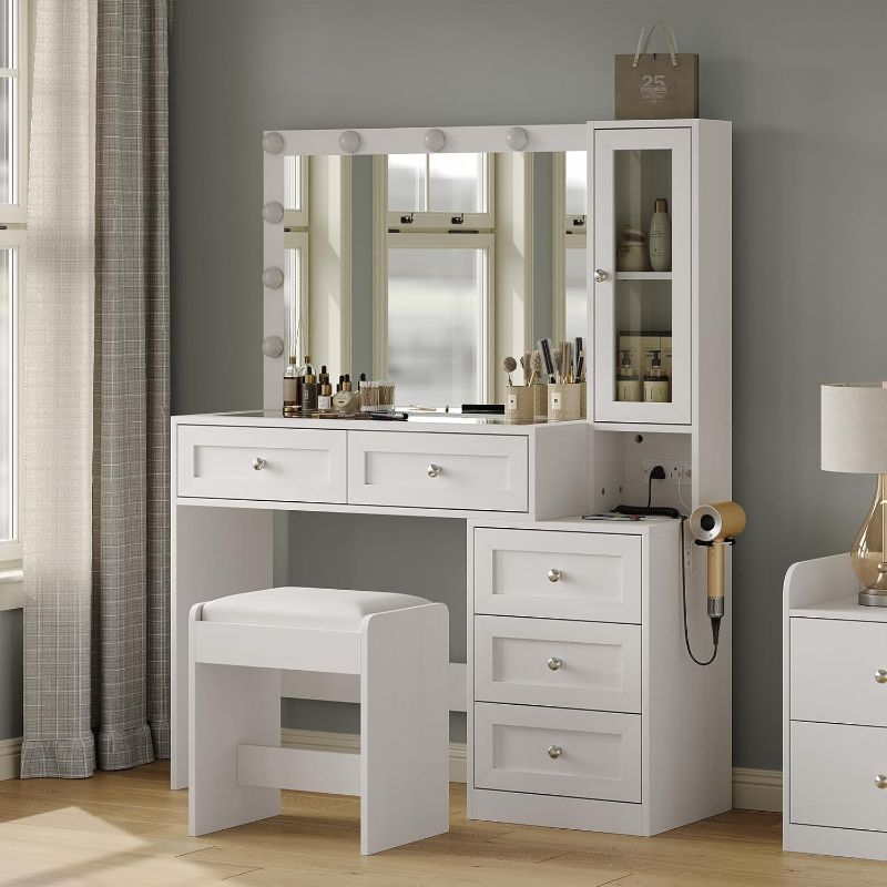 Photo 1 of ***ITEM IS SIMILAR TO STOCK PHOTO, NOT EXACT***  43" W Vanity Desk with Mirror & 11 Lights, 5 Drawer Modern Makeup Desk with Glass top & Cushioned Stool, 3 Lighting Modes Brightness Adjustable,Power Outlet,Bedroom?White
