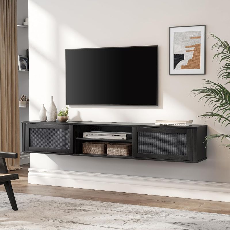 Photo 1 of ***ITEM IS SIMILAR TO STOCK PHOTO, NOT EXACT***  WAMPAT 70" Floating TV Stand with Power Outlet, 2-Tier Wood Media Console Entertainment Center with 2 Rattan Doors, Modern Wall Mounted TV Shelf Cabinet for Under TV, Living Room, Bedroom, Black
