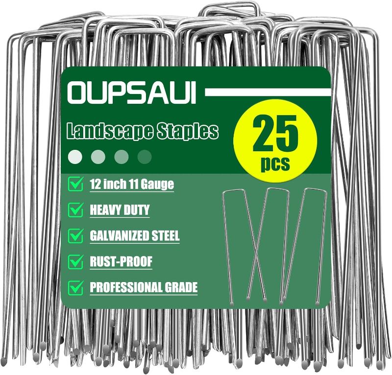 Photo 1 of 12 Inch 11 Gauge Galvanized Landscape Staples Stakes for Decoration, 25/100/200pcs Garden Metal Stakes for Weed Barrier Fabric, Fence Stakes, Tent Stakes(12in,25pcs