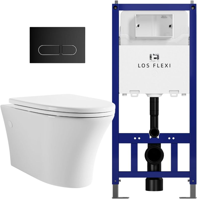 Photo 1 of ***Only bowl and toilet seat***Comfort & Elongated Wall Hung Toilet System, Los Flexi Wall Mounted Toilet with Adjustable Floating Toilet Bowl, Durable In-Wall Toilet Tank Carrier, Soft-Close Seat & Dual-Flush Push Plate Included