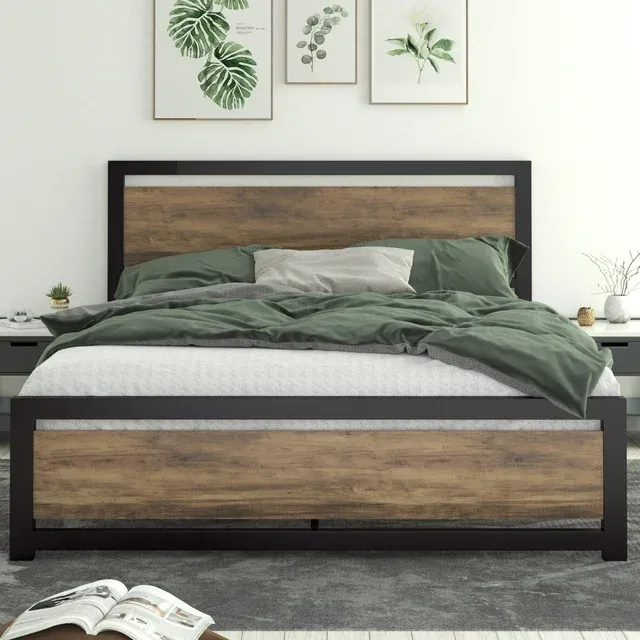 Photo 1 of Allewie Queen Bed Frame, Metal Platform Bed Frame with Wooden Headboard, 12.4" Under-Bed Storage, Brown
