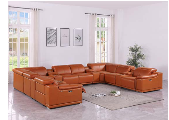View 1 of ONLY 2 PIECES!!
Global United Furniture 9762, Italian Leather Sectional, 12 pieces with 4-Power Recliners & Console Set in Camel color.