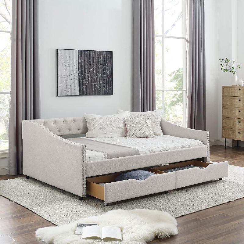 Photo 1 of *see notes* 
Daybed with Drawers, Modern Linen Upholstered Full Size Day Bed Button-Tufted Sofa Daybed Frame with Double Drawers, No Box Spring Needed, Furniture for Bedroom Living Room Guest Room (Beige, Full)