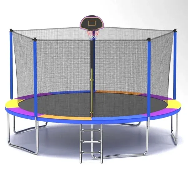 Photo 1 of 12FT Trampoline for Kids - Seizeen Round Trampoline W/ Enclosure Net & Hoop, Outdoor Colorful Trampoline with Waterproof Cover & Ladder, Large Capacity 1500 lbs
