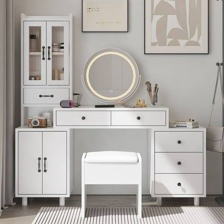 Photo 1 of ***MISSING HARDWARE***Ktaxon Makeup Vanity Set with USB Charging&3 Color Lighted Mirror Large Makeup Vanity with Storage Cabinet and Drawers Dressing Table for Girls Wom
