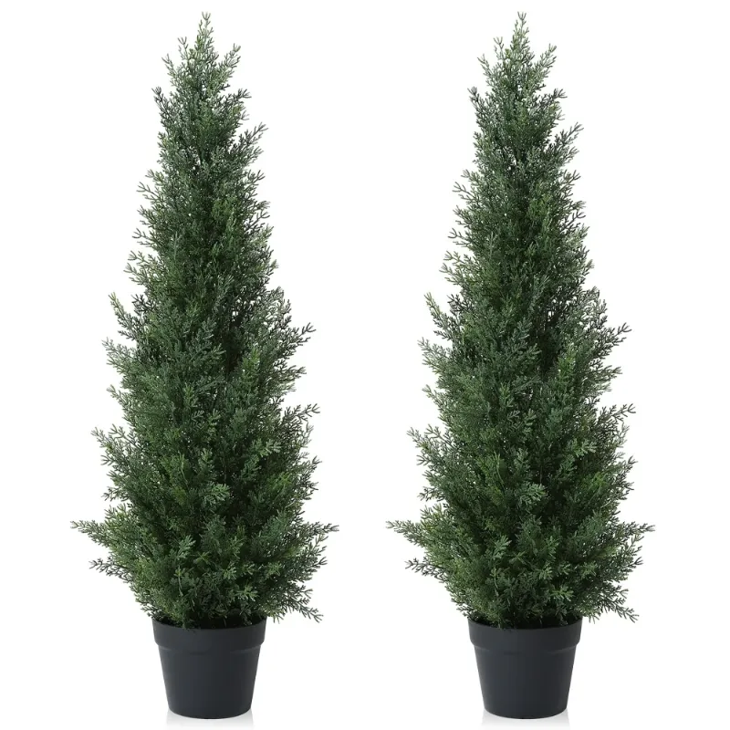 Photo 1 of Artificial Cedar Tree 2 Pack 3 ft Outdoor Artificial Topiary Cedar Plants Fake Tree UV Rated Potted Plants for Porch Decor Faux Pine Tree for Perfect Housewarming Gift
