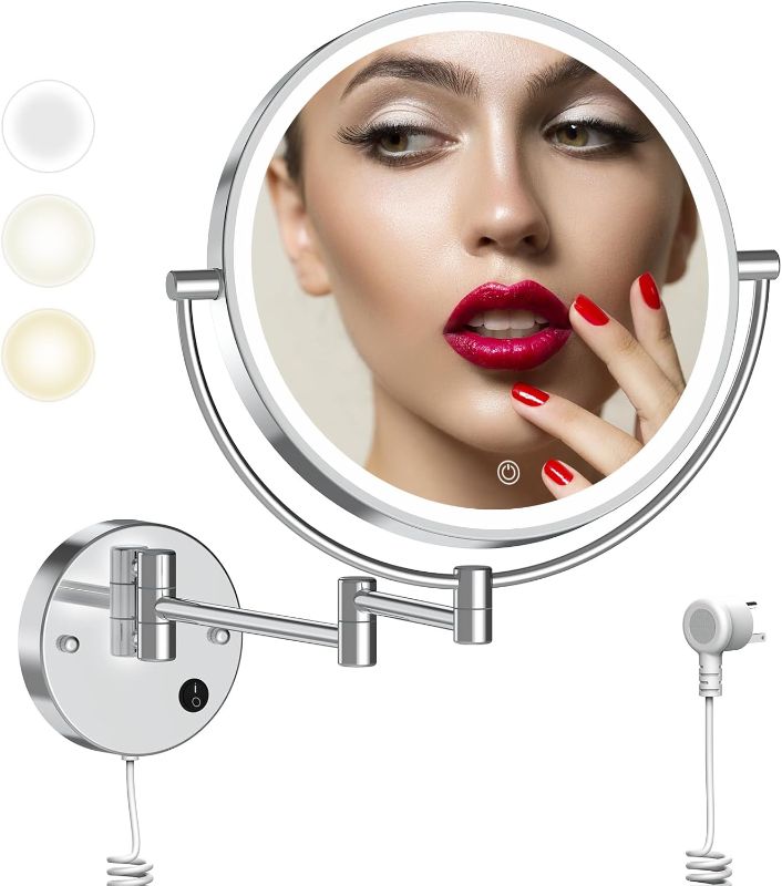 Photo 1 of 9" Plug-in Wall Mounted Lighted Makeup Mirror 1X/10X Magnification, Super Large Double Sided LED Vanity Mirror for Bathroom, 3 Color Dimmable 360°Swivel Extendable Shaving Cosmetic Mirror
