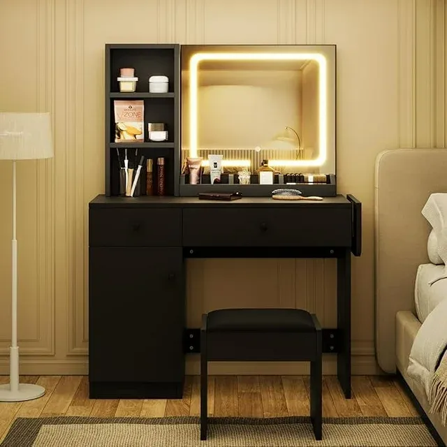 Photo 1 of 2024 New Vanity Desk with Drawers & Led Lighted Mirror & Power Outlet & Cabinet, Vanity Stool Set with Storage, Stylish Dressing Table Bedroom Makeup Table Set
