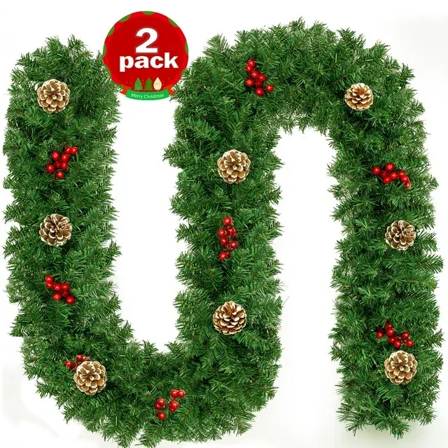 Photo 1 of 2 Pack Christmas Garland, 9 ft Artificial Christmas Garland Outdoor with Pinecones and Red Berries for Xmas Holiday Decorations
