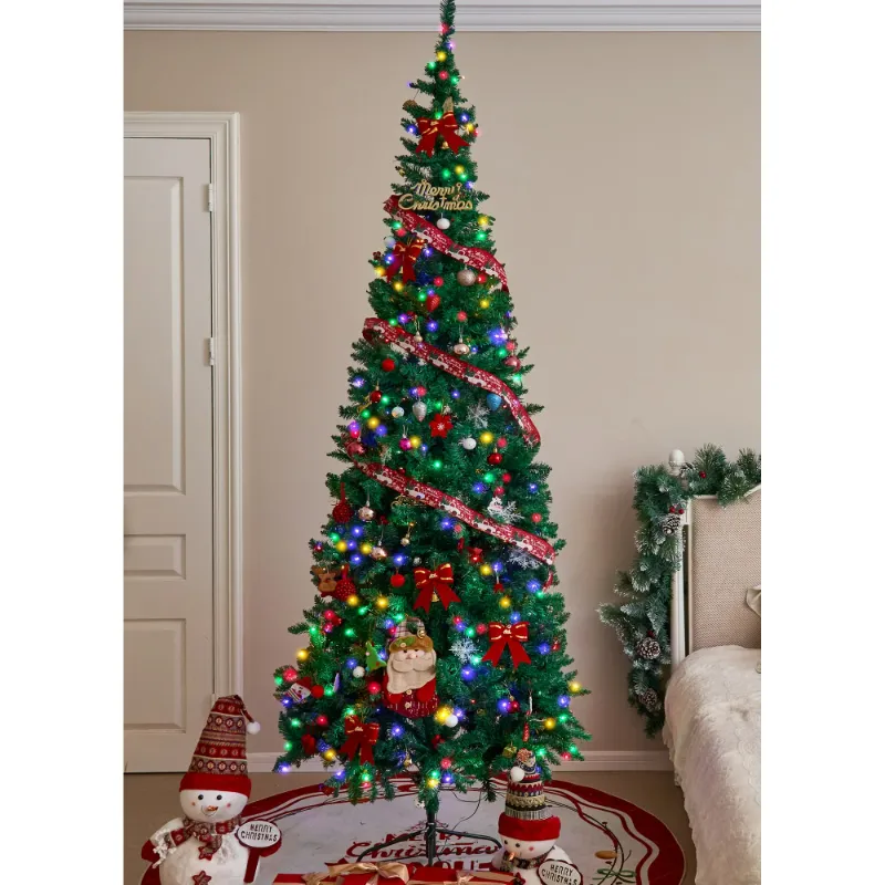 Photo 1 of BSHAPPLUS 9 ft Pre-Lit Christmas Tree,Artificial Pencil Tree with 550 Multicolor Lights,1200 Branch Tips and Foldable Stand