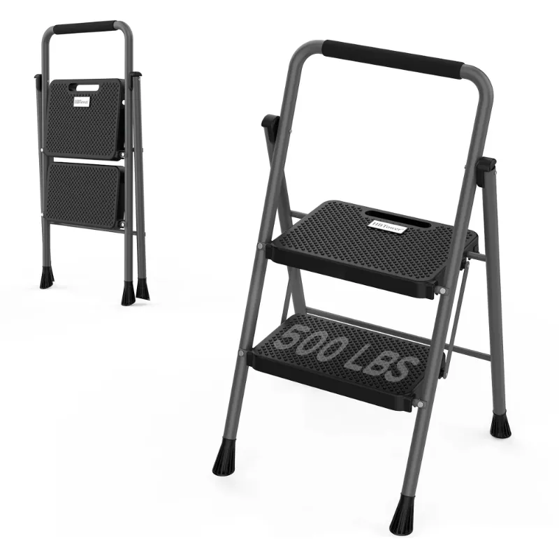 Photo 1 of ***MISSING HARDWARE****HBTower 2 Step Ladder, Folding Step Stool with Wide Anti-Slip Pedal, Sturdy Steel Ladder, Convenient Handgrip, Lightweight 500lbs Portable Steel Step Stool, Gray