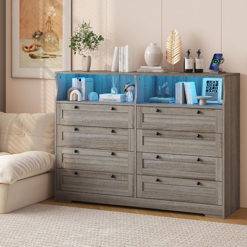 Photo 1 of Dresser with 8 Drawers, Wood Bedroom Dresser with Charging Station & LED Lights, Modern Dressers & Chest of Drawers for Bedroom, Living Room, Hallway, Entryway, Antique Light Color